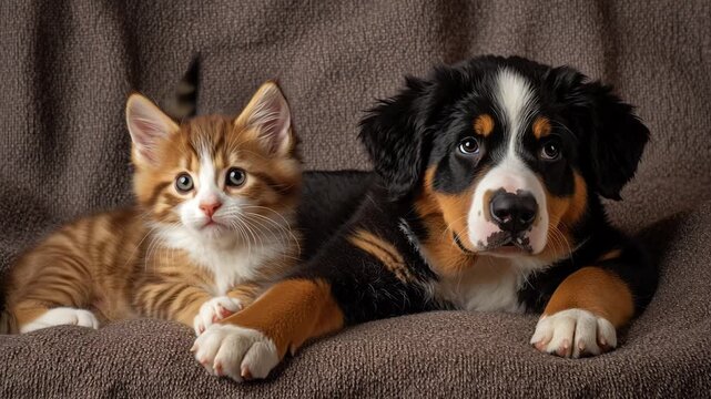 Orange tabby Bengal kitten has white chest. Bernese Mountain Dog puppy shows black, white, and brown fur. Both rest on soft brown fabric