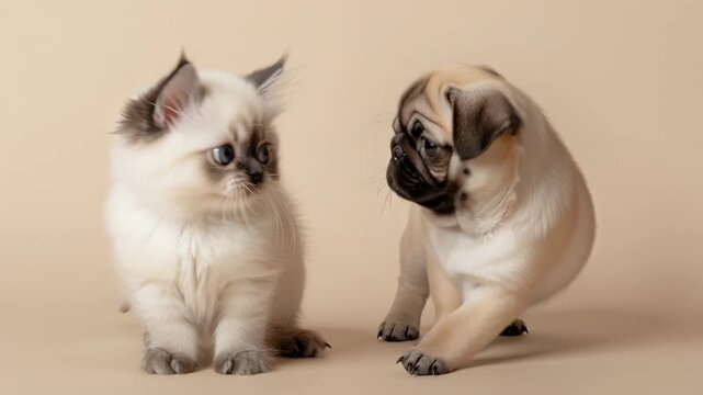 Fluffy white kitten with blue eyes sits upright. Pug puppy has tan fur and black muzzle. They sit side by side on beige background