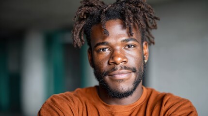 A young man with dreadlocks smiles confidently in a casual setting, showcasing his unique style and personality with engaging facial expressions and a warm background.