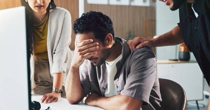 Frustrated, businessman and team with support for mistake, project deadline or failure in office. Man, employee or stress with headache, group or colleagues for comfort, empathy or help in workplace