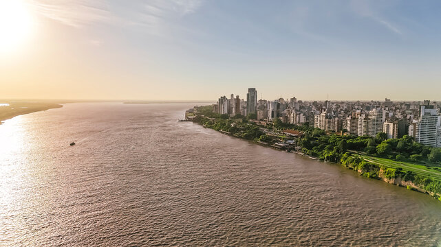 Aerial view of Rosario skyline and Paran� River coastline in Argentina