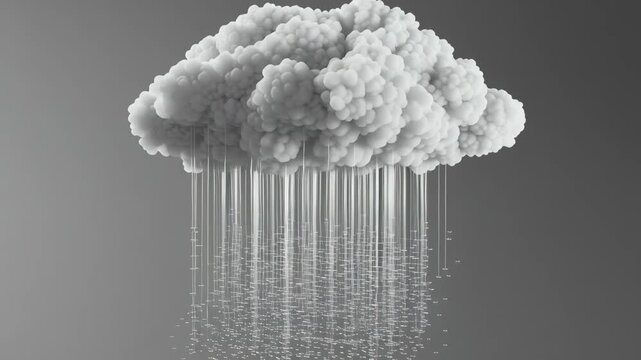 Cloud rains digital particles. Background gradient gray. Single keyframe loop. Perfect for tech or data themes. Clean, modern, abstract motion