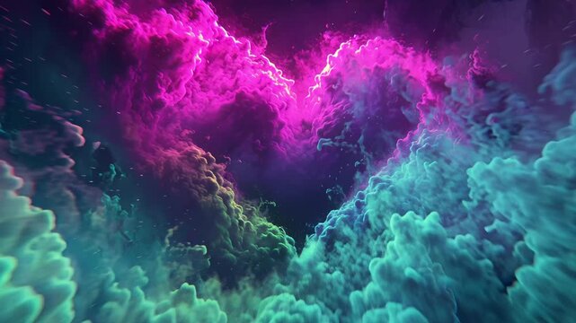 Heart shape forms from glowing cosmic clouds. Electric purple and green energy pulses. Dark background enhances vibrant colors