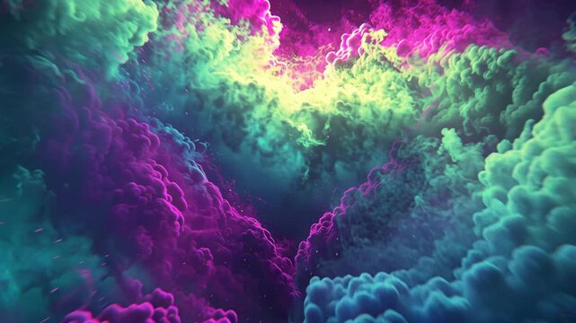Heart shape forms from glowing cosmic clouds. Electric purple and green energy pulses. Dark background enhances vibrant colors