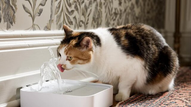 A cat drinks from a white water fountain. Water splashes around the base. Its fur shows white, black, and orange patches