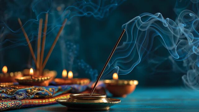 Blue backdrop shows incense sticks with smoke. Golden candle holders glow softly. Decorative patterns lie below. Wispy smoke rises gently