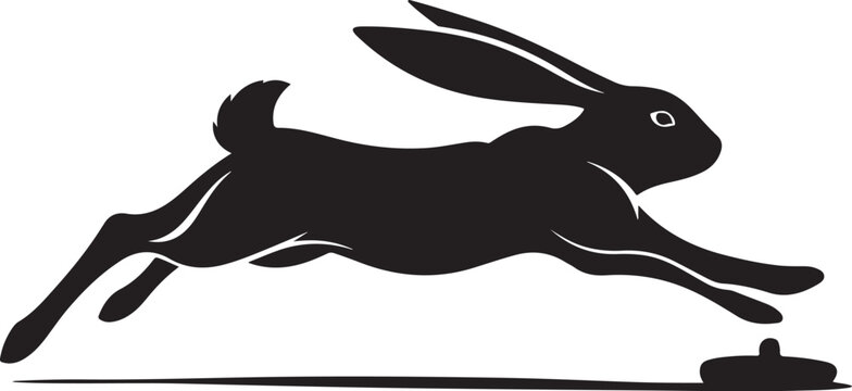 Black silhouette of a rabbit jumping over an obstacle