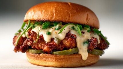 A close-up shot of a crispy chicken sandwich topped with fresh greens and creamy sauce, accentuating flavor, texture, and culinary creativity in modern fast food.