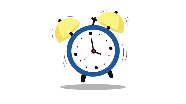 Cartoon alarm clock ringing with yellow bells and blue frame on white background time sound