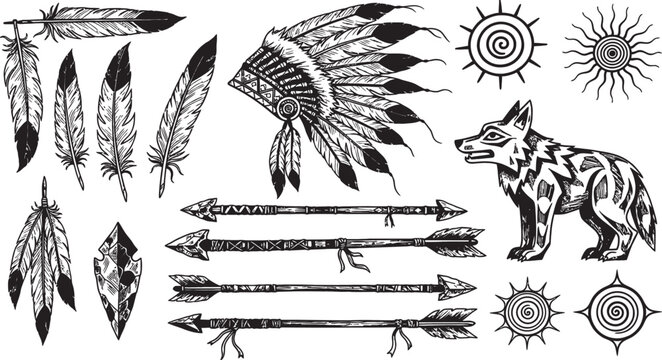 Detailed collection of hand-drawn Native American themed illustrations including feathers, headdress, arrows, wolf, and sun symbols.