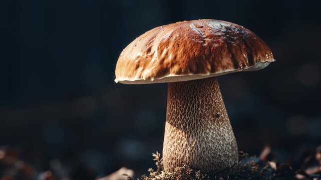 Dark forest scene features one mushroom
