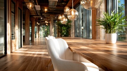 A sleek modern office interior bathed in natural light, featuring wood accents and plants that create a collaborative and inspiring work environment for professionals.
