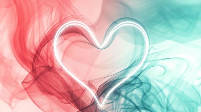 Red smoke swirls in heart shape. Blue smoke flows around it. Pastel background complements colors. Smooth motion captured in one frame