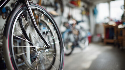 Naklejka premium Close up bicycle wheel in repair workshop with blurred background, sustainable mobility and small business concept