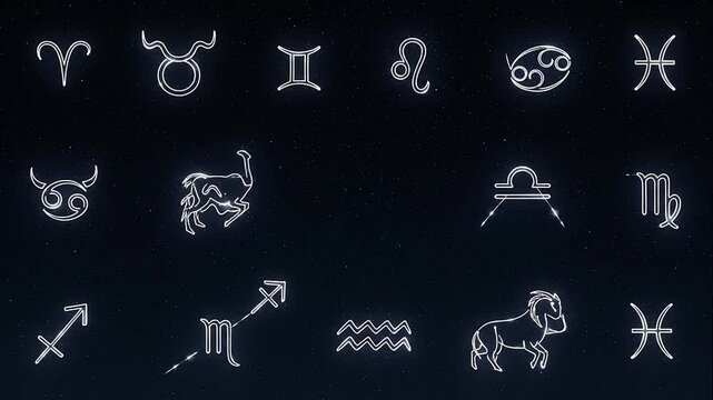 Set of individual glowing neon zodiac symbols or astrological signs on a dark starry cosmic background.
