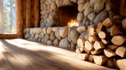 A warm and inviting log cabin ambiance featuring a beautiful stone fireplace surrounded by neatly stacked firewood, exuding a sense of comfort and tranquility in nature.