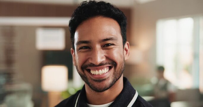 Happy, professional and face of businessman in office with confidence for coding career. Laugh, opportunity and portrait of male web developer with pride for programming job development at agency.
