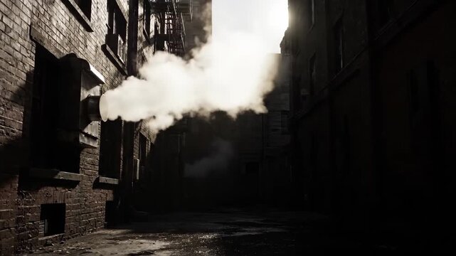Dark and Moody Alleyway with Steam Rising from a Grate in an Urban Setting.
