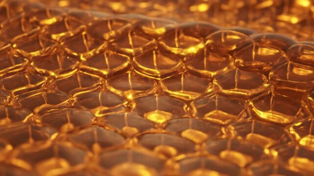 A close-up view of a honeycomb filled with golden honey, showcasing intricate patterns and warm lighting