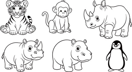 Obraz premium Black and white outline drawings of various cute baby animals including a tiger, monkey, rhinos, hippo, and penguin, perfect for coloring.