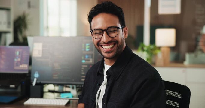 Laugh, professional and face of businessman in office with confidence for coding career. Happy, opportunity and portrait of male web developer with pride for programming job development at agency.