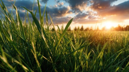 Obraz premium A close-up of vibrant green grass with the warm sun shining on it. This image captures the essence of nature's beauty, symbolizing growth and tranquility in outdoor settings.