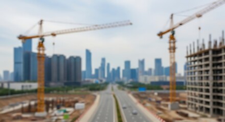 Blurred cityscape with construction cranes and highway buildings