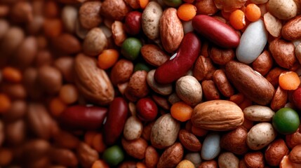 A visually appealing arrangement of various nuts and beans on a rustic wooden surface, showcasing an assortment rich in texture and color, perfect for healthy snacking.