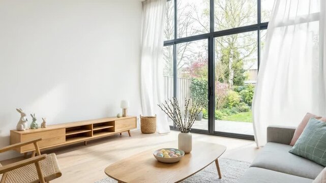 Minimalist living room with sleek television cabinet, pussy willow vase, and easter eggs on wood table. Bright modern home interior design