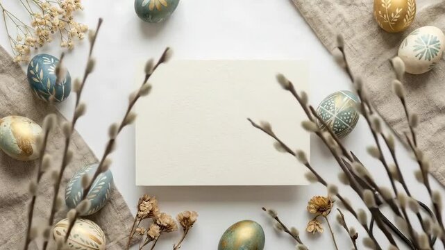 Rustic Easter card template with pussy willow branches, dyed eggs, and dried flowers on a linen cloth, changing array
