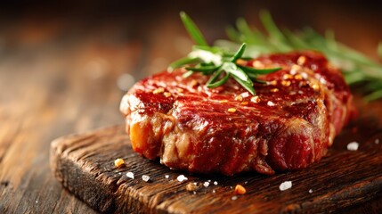 A succulent steak garnished with a fresh herb sprig sits on a rustic wooden board, showcasing a perfect culinary delight for meat lovers and gourmet dining.