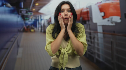 Fototapeta premium Hispanic woman wearing green sweater spreads arms on cruise deck by lifeboat railing; joyful welcome.
