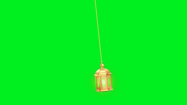 Animated g olden decorative arabic lanterns hanging and swinging smoothly in continuous loop over green screen background. Concept of Ramadan, Eid celebration element, religious promotions.
