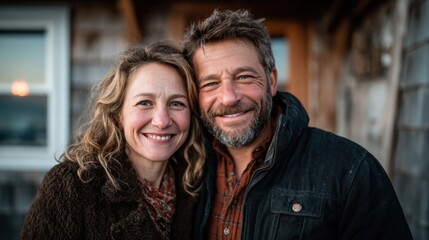 A joyful couple stands close together, smiling warmly against a rustic backdrop, radiating love and friendship that captures the essence of human connection.