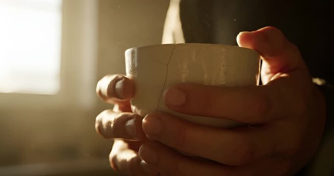 Close up of hands holding hot cracked mug with steaming tea in golden light
