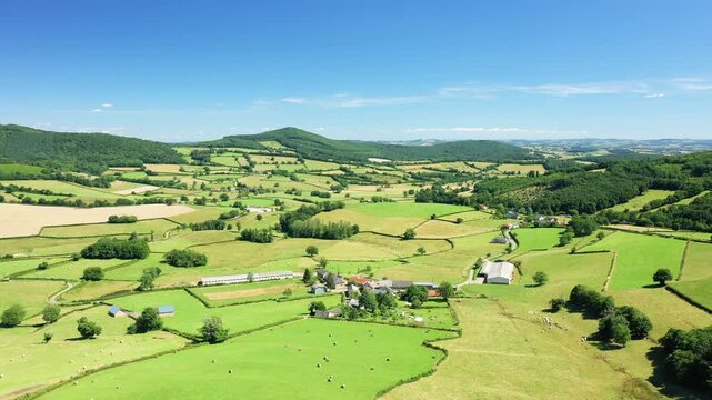 Aerial view of rolling green fields, farmland, and scattered trees under a clear blue sky in the Morvan countryside, France. Rural agricultural landscape with hills and patchwork fields.