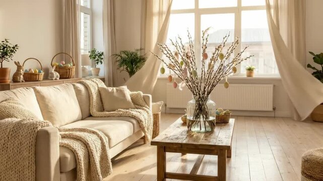 Cozy spring living room with Easter decoration. Rustic wood table with pussy willow branches and colorful eggs. Holiday home decor concept