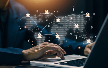 Fototapeta premium Global banking and international finance network concept with world map and currency symbols. Cross border transactions, digital payment system, financial services and global economic connectivity.