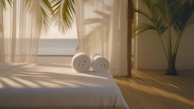 Serene beachfront daybed at a luxurious tropical resort, offering a tranquil escape with soft white linens and the soothing shade of palm fronds
