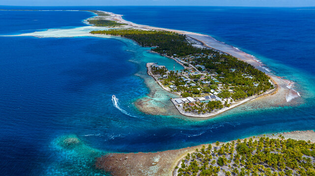 Aerial view of Amaru atoll in Tuamotu islands French Polynesia