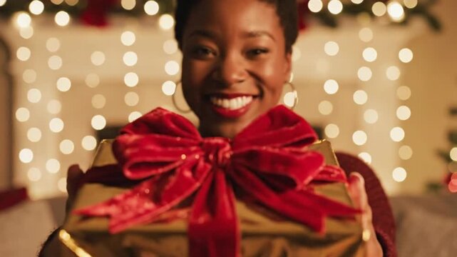 A joyful person with a radiant smile is seen in a close-up, extending a beautifully wrapped golden gift adorned with a vibrant red velvet bow towards the viewer. The background features a soft, warm b
