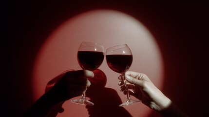 Two hands clink red wine glasses in a celebratory toast against a moody red spotlight background, symbolizing celebration.