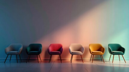Row of colorful modern chairs along a wall with gradient lighting. Empty seats in a waiting room or reception area for design concept.