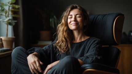 Fototapeta premium Serene woman enjoying relaxation at home, sitting in a cozy chair, exuding contentment and tranquility amid warm natural light.