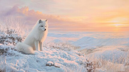 Fototapeta premium White arctic fox sitting in a snowy winter landscape during sunrise. Winter wonderland with wildlife for nature and season theme.