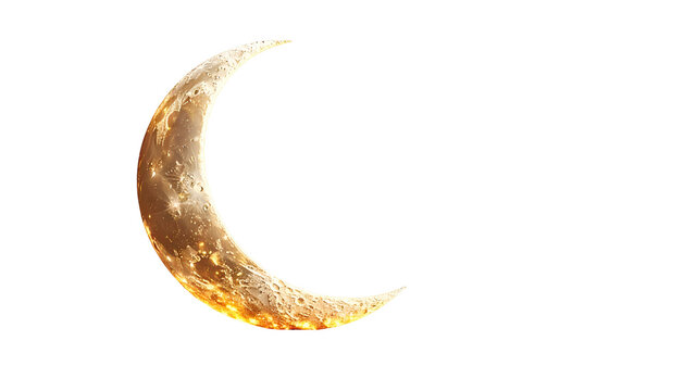 A luminous crescent moon, glowing gold against a vast, inky black backdrop, suggesting space or night. The lunar surface texture is visible