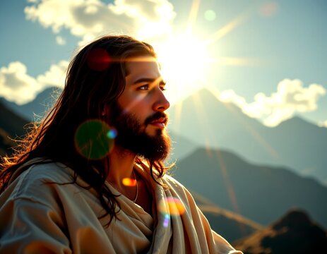 A person sitting against a mountainous backdrop under a bright sun