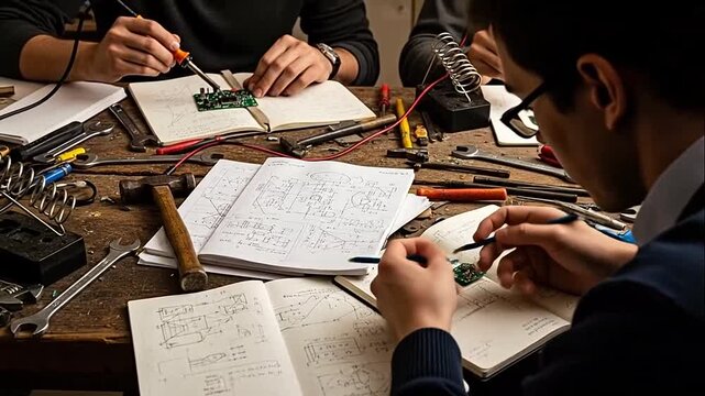 Students working together on an electronics project with various tools and circuit boards.