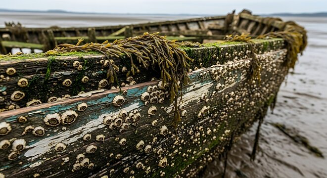Barnacle Covered Hull of a Beached Boat