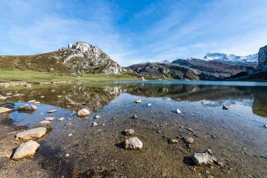 Covadonga lake and mountains in Picos de Europa National Park Spain